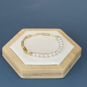 Freshwater Pearl & Oval Chain Bracelet - Gold