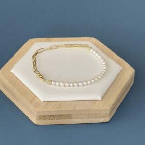 Freshwater Pearl & Oval Chain Bracelet - Gold