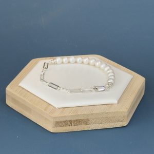 Freshwater Pearl & Oval Chain Bracelet - Sterling Silver