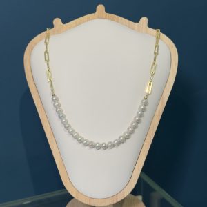 Freshwater Pearl & Oval Chain Necklace - Gold