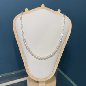 Freshwater Pearl & Oval Chain Necklace - Sterling Silver