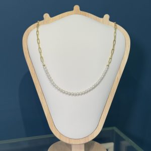 Freshwater Pearl & Oval Chain Necklace - Gold